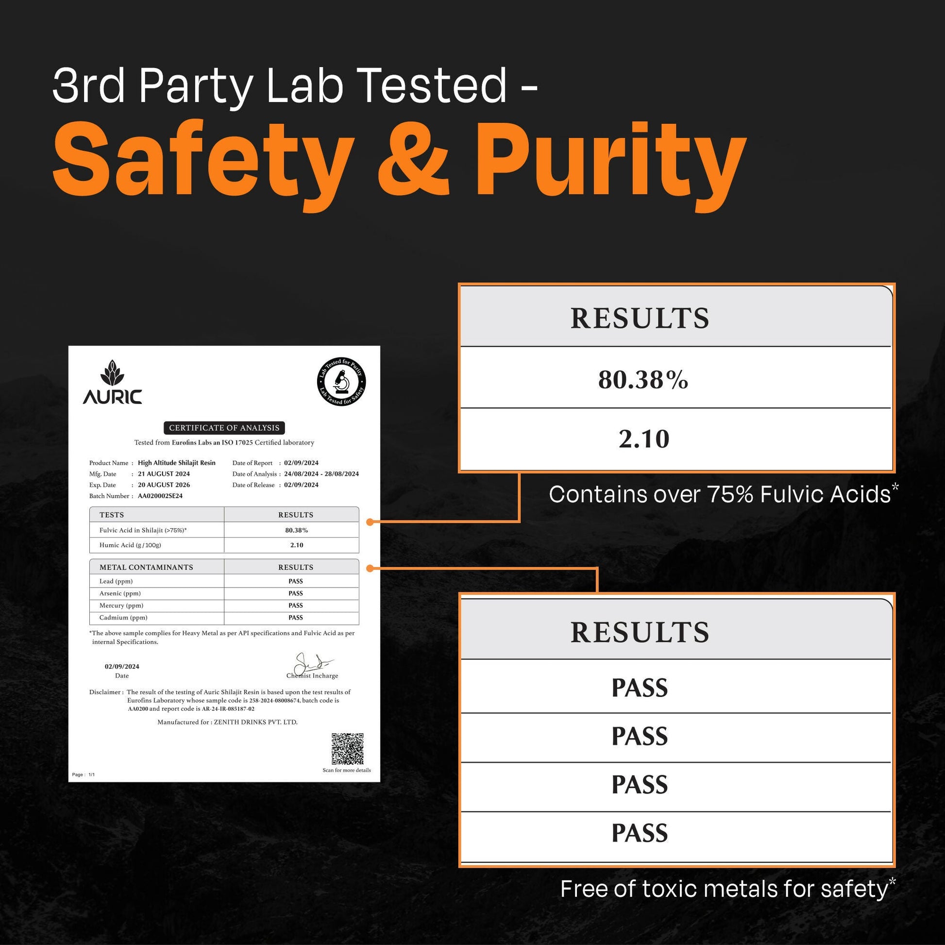 Auric Lab-Certified High-Altitude Shilajit Resin 30g | 75% Fulvic Acid + Humic Acid | 80+ Trace Minerals with Real Brass Spoon Included Zenith Drinks