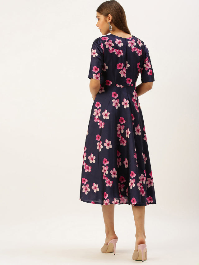 Bollywood Vogue Ready To Wear Blue Printed Art Silk Fit And Flare Dress
