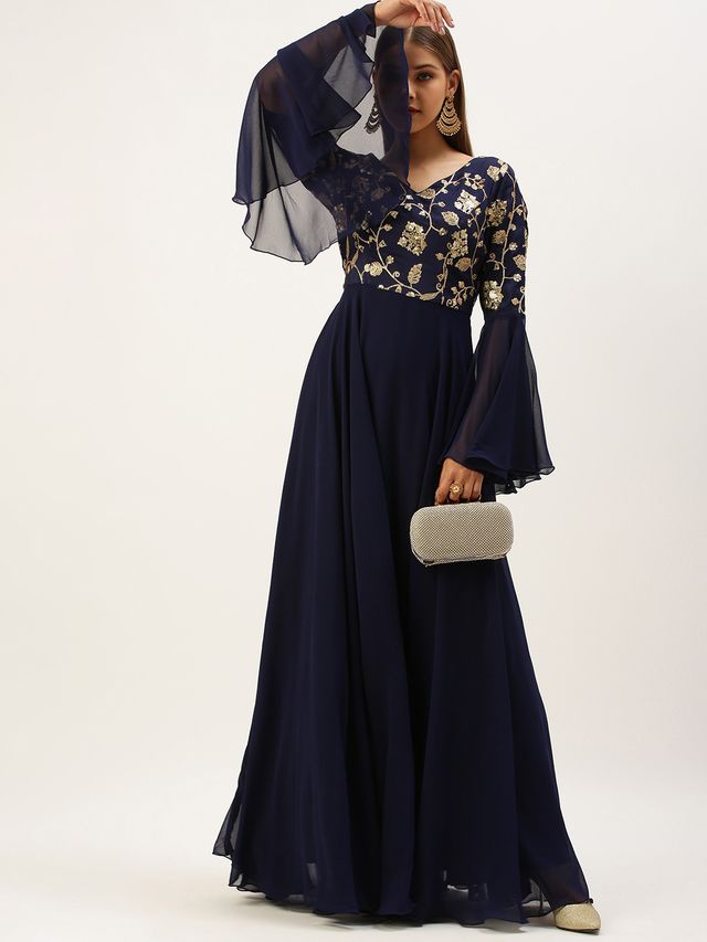 Bollywood Vogue Ready To Wear Blue Bell Sleeves Embroidered Gown