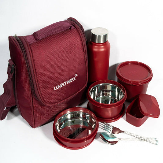 Corporate 5 Lunch Box Container With Bottle 750ml With Spoon & Fork With Pickle Storage (600ml, 400ml, 300ml, 150ml ) - HalfPe