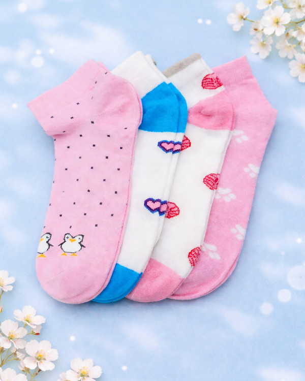 Cute Printed Cotton Ankle Length Socks for Women Multicolor Multi Design Soft Breathable Daily Wear Pack of 4 RITEX OVERSEAS