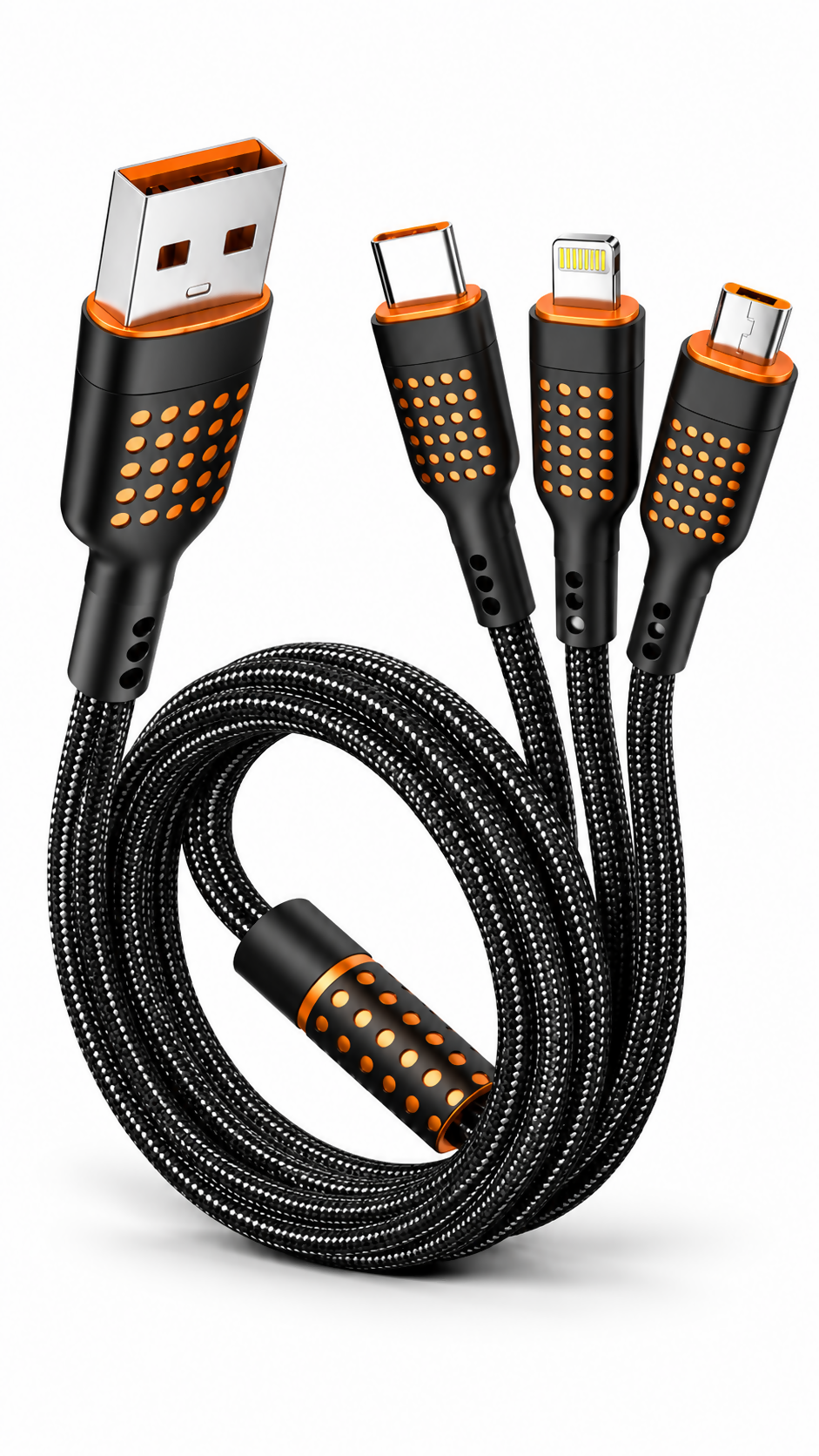 LYNE Flexy 34 3-in-1, 65W Fast Charging Data Cable – Type-C + Lightning + Micro USB, 1 Metre, Black & White