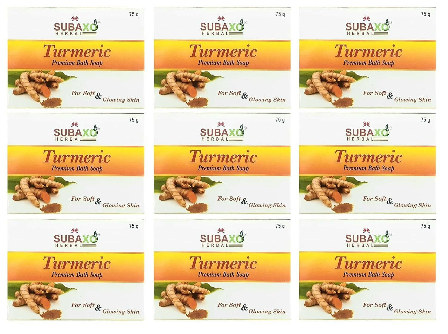 SUBAXO Turmeric Bath Glycerine For Soft & Clear Skin Soap Pack (9x75g,Pack Of 9) - HalfPe