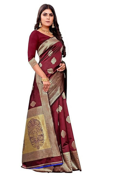AXONIT Jacquard Silk Saree with Heavy Golden Zari Butta & Antique Gold Border