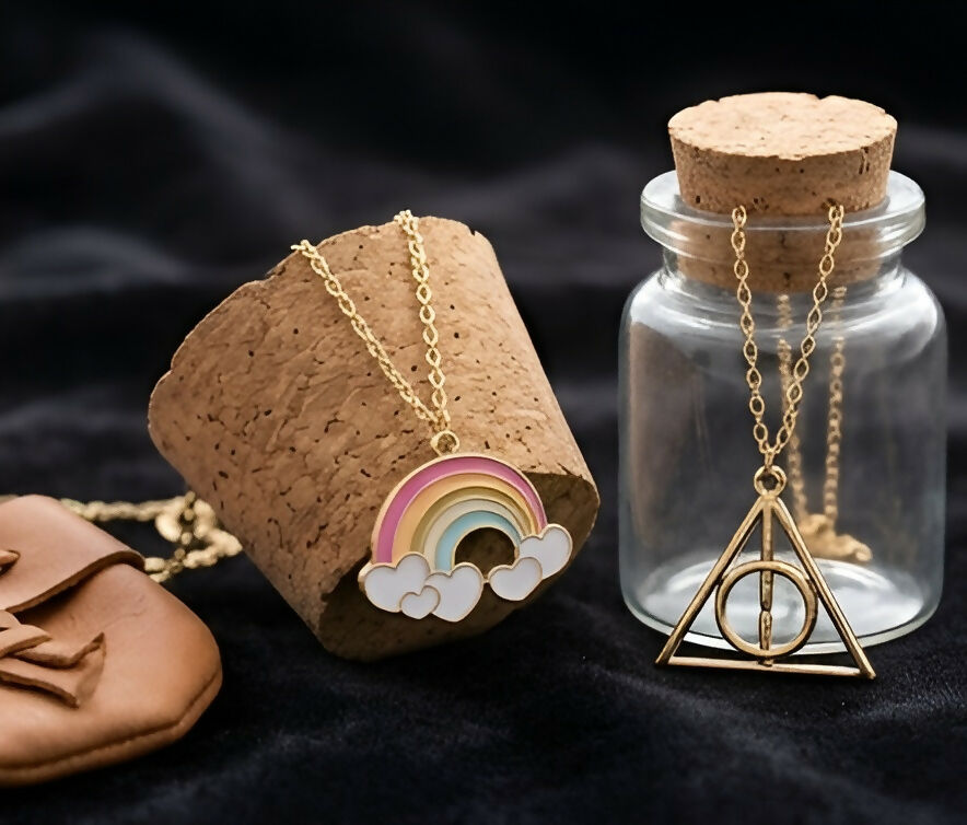Set of 2 Rainbow & Geometric Triangle Pendant Necklaces for Women & Girls