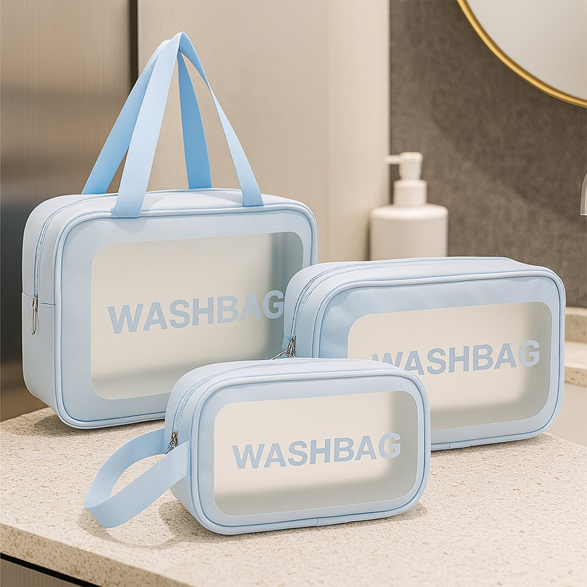 3-Piece Waterproof Transparent Travel Toiletry Bag Set ofMultipurpose Zippered Washbag Organizer Kit with Handle of Portable Makeup Pouch