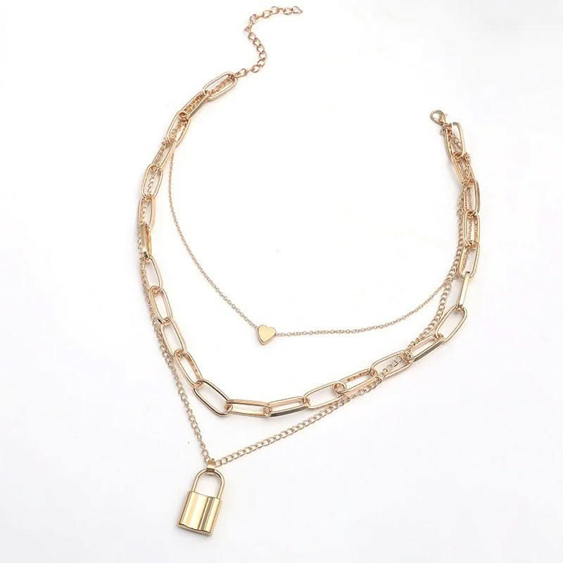 Triple Layered Heart And Lock Pendant Choker Necklace pinapes