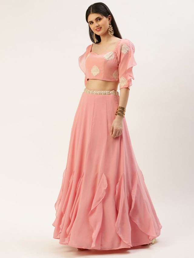 Bollywood Vogue Ready To Wear Pink Embroidered Ruffles Style Skirt Set