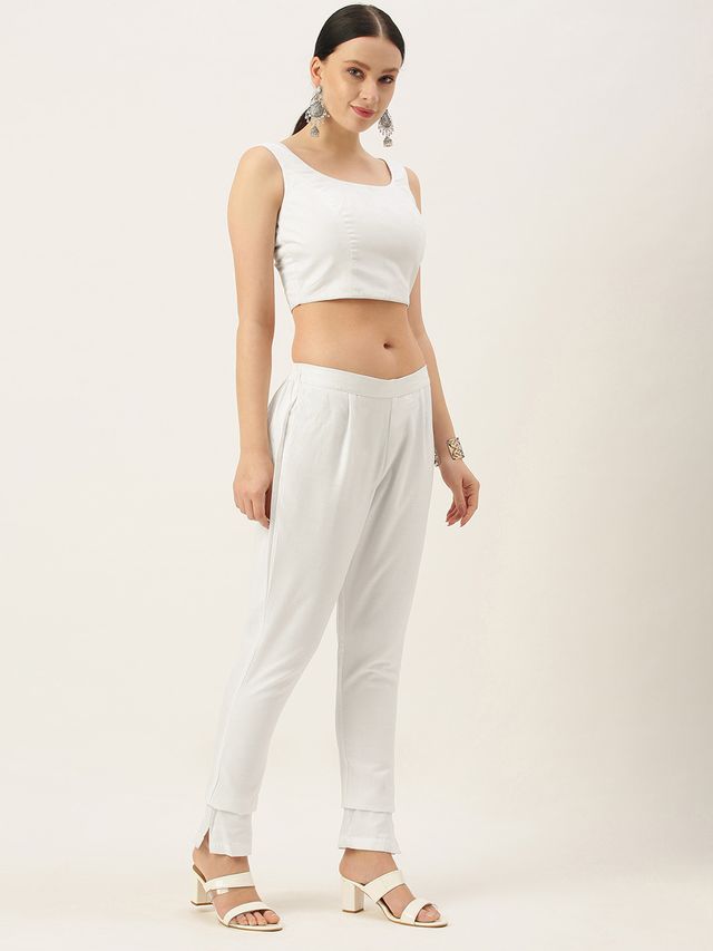 Bollywood Vogue Ready To Wear White Rayon Pant Blouse N Jacket Set