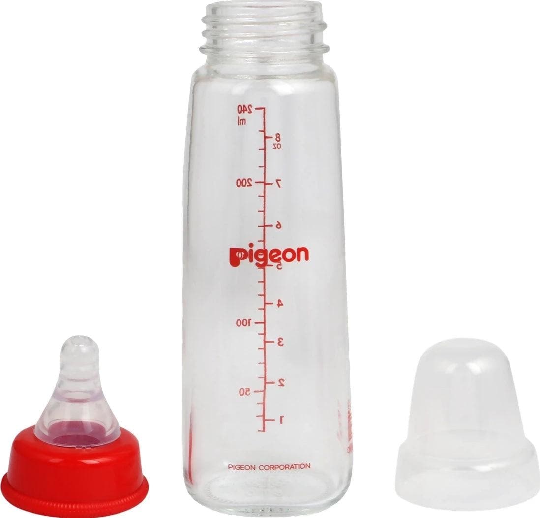 Pigeon Glass Feeding Bottle 240ml Red With Add Nipple Large - HalfPe