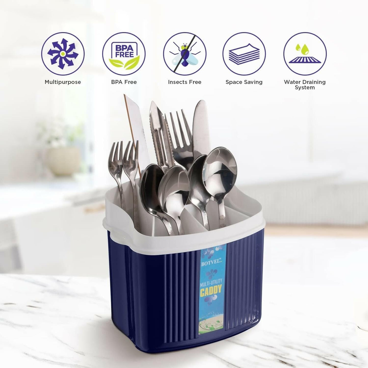 SELVEL Cutlery Holder & Stand (Polypropylene, Dark Blue) - HalfPe