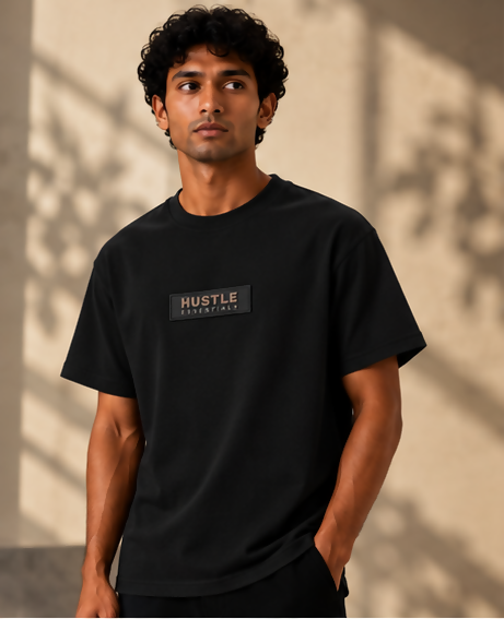 HUSTLE Essentials Men's Crew Neck Oversized T-Shirt – Black(Oversized fit)