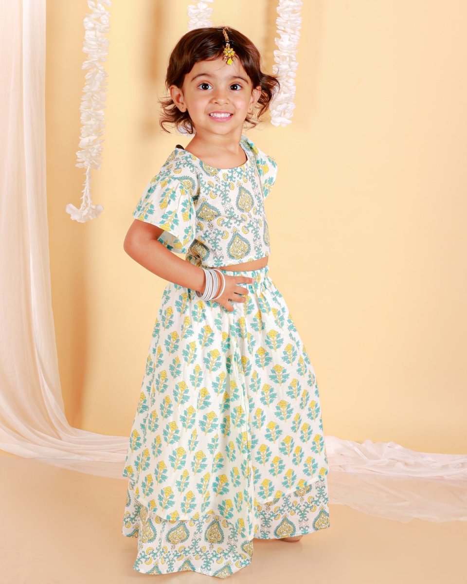 Yellow And Blue Floral Print Girls Lehenga Set - KES-SC-YBG-0-6