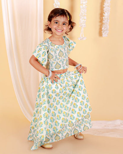 Yellow And Blue Floral Print Girls Lehenga Set - KES-SC-YBG-0-6