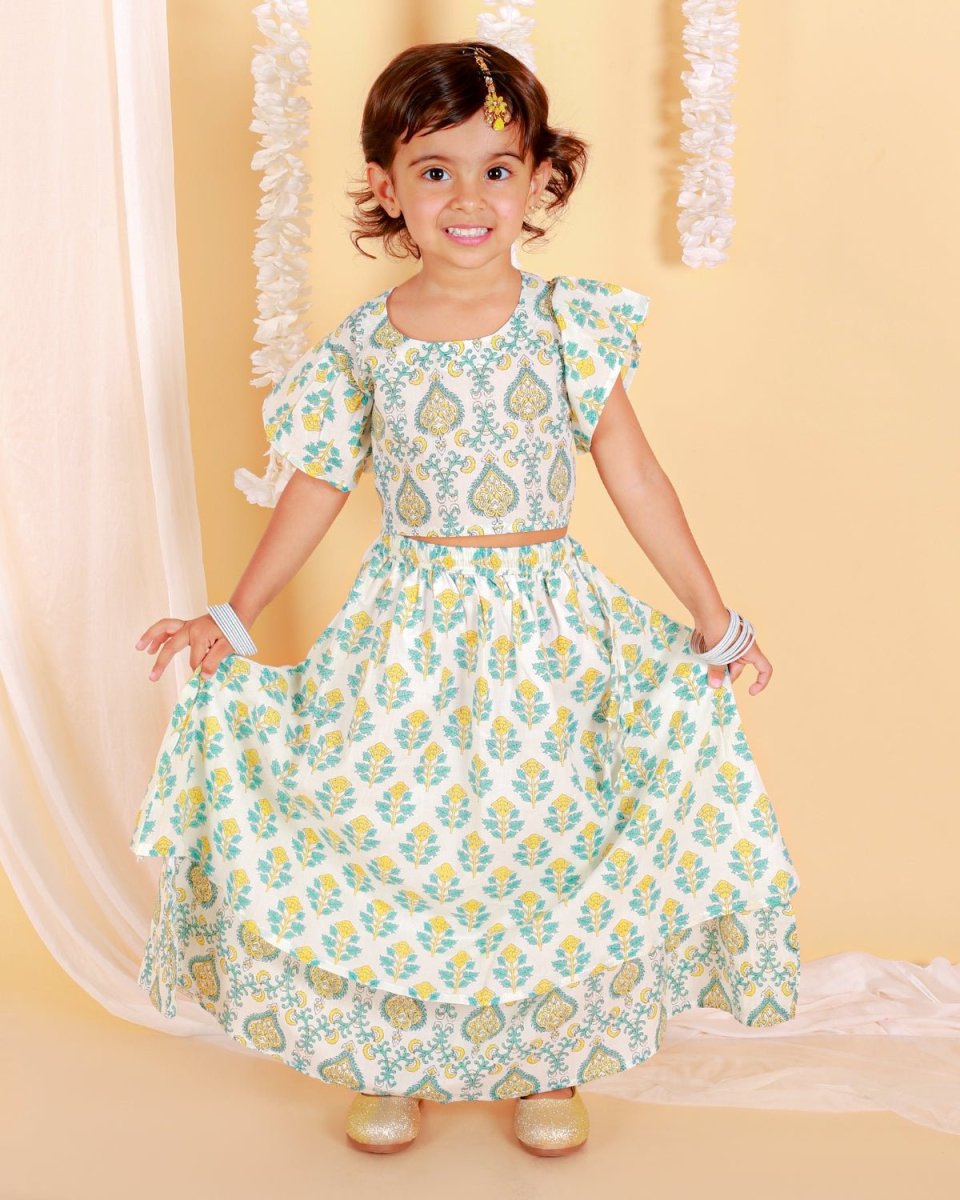 Yellow And Blue Floral Print Girls Lehenga Set - KES-SC-YBG-0-6