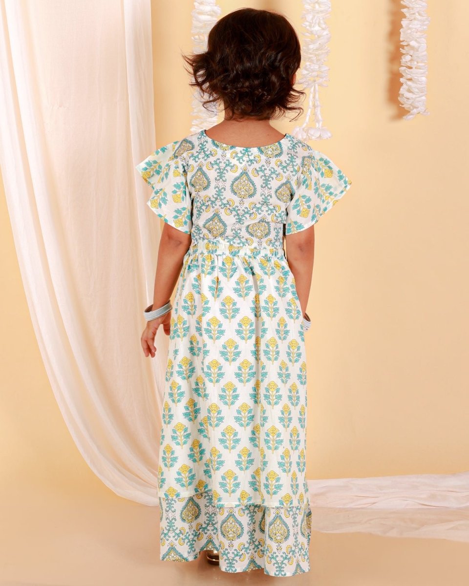 Yellow And Blue Floral Print Girls Lehenga Set - KES-SC-YBG-0-6