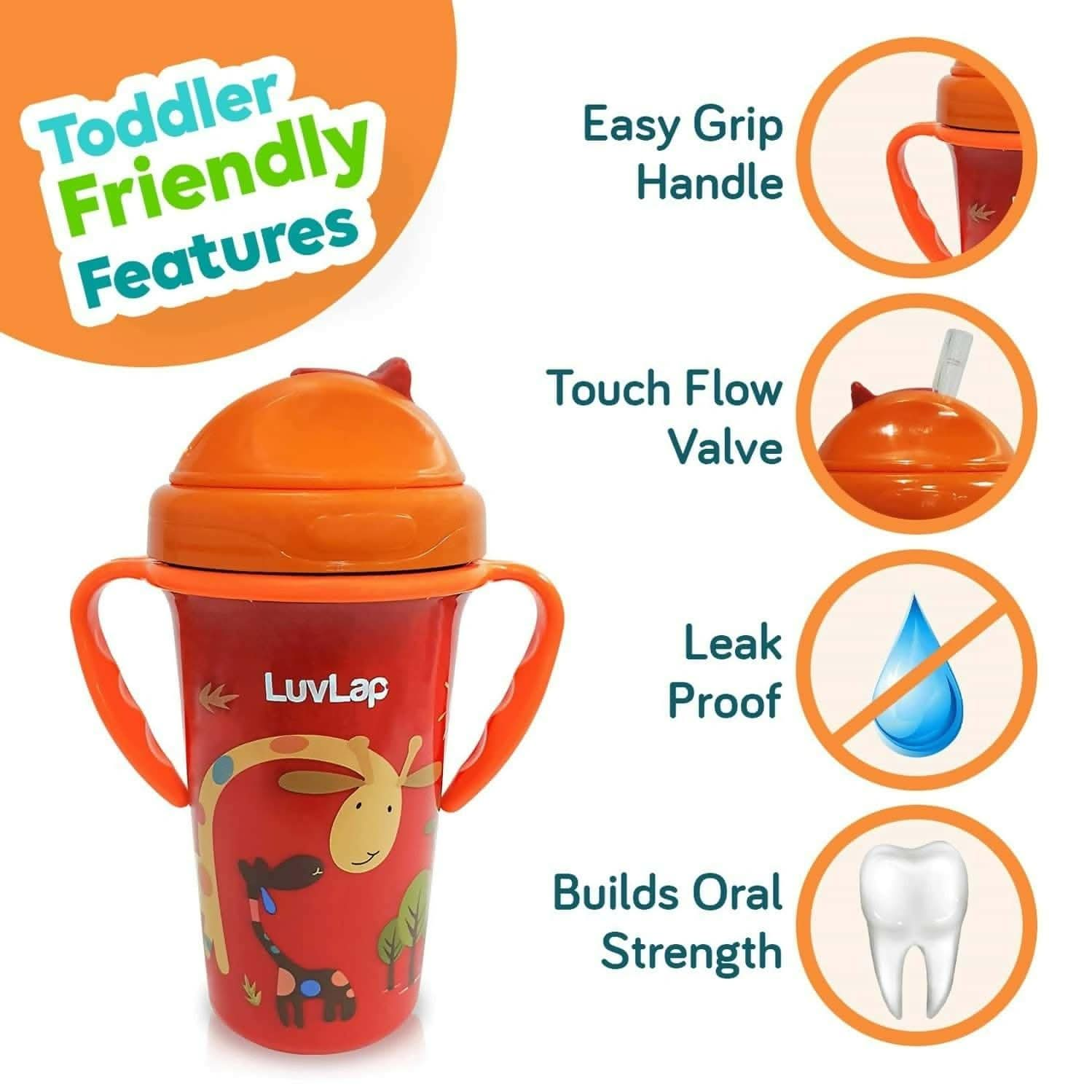 Luvlap tiny giffy sippy cup silicone straw bpa free 300 ml 18m+ (orange) - HalfPe