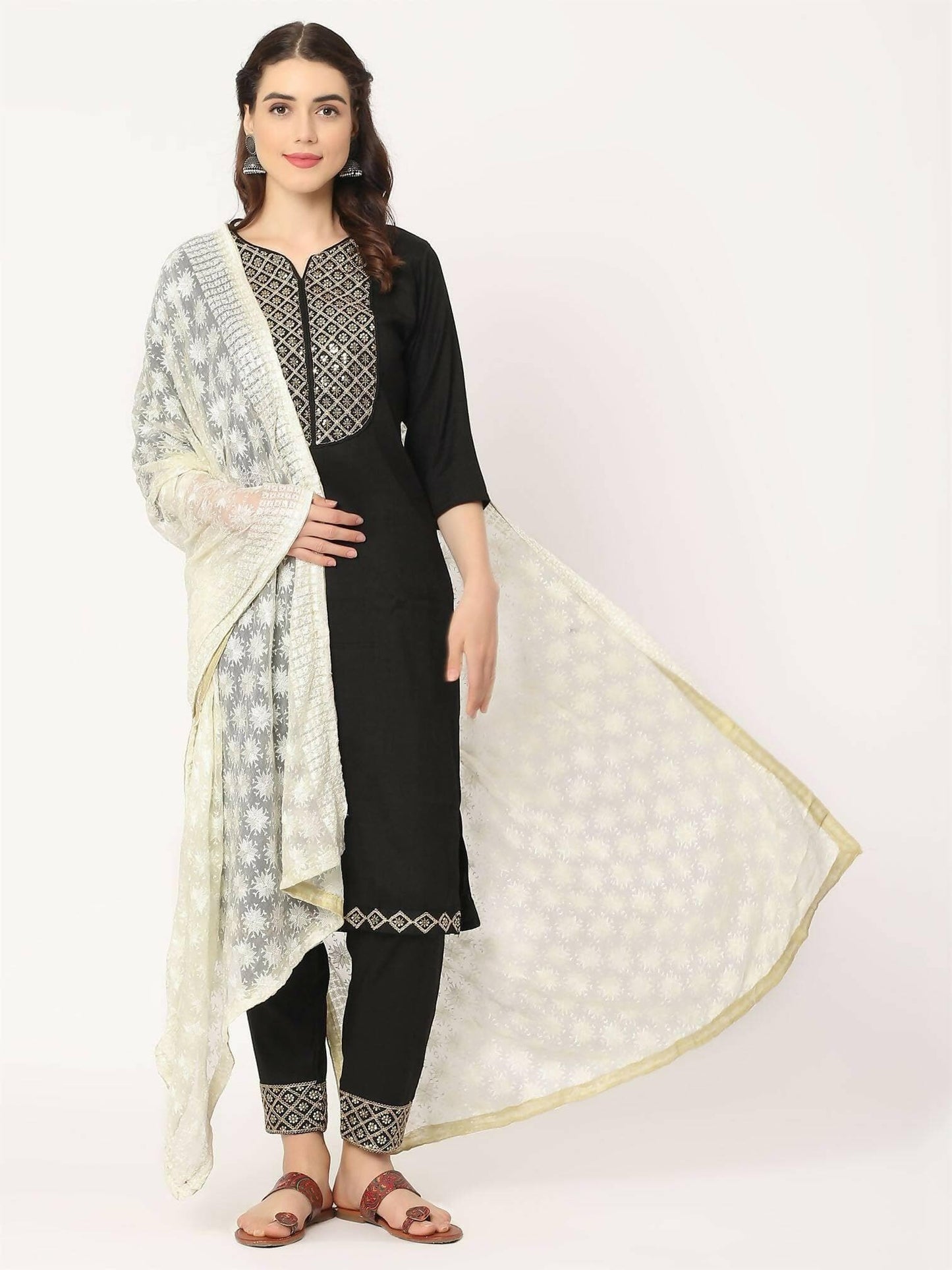 Off White Sequined Phulkari Embroidery - HalfPe