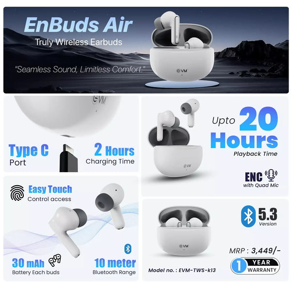 EVM Enbuds Air TWS Earbuds with ANC & 20H Playtime (EVM-TWS-K13) Halfpe Deals