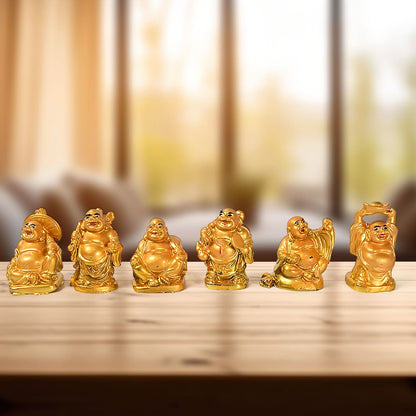 Golden Laughing Buddha Statue Set – 6 Pcs for Happiness, Wealth & Good Luck Decor