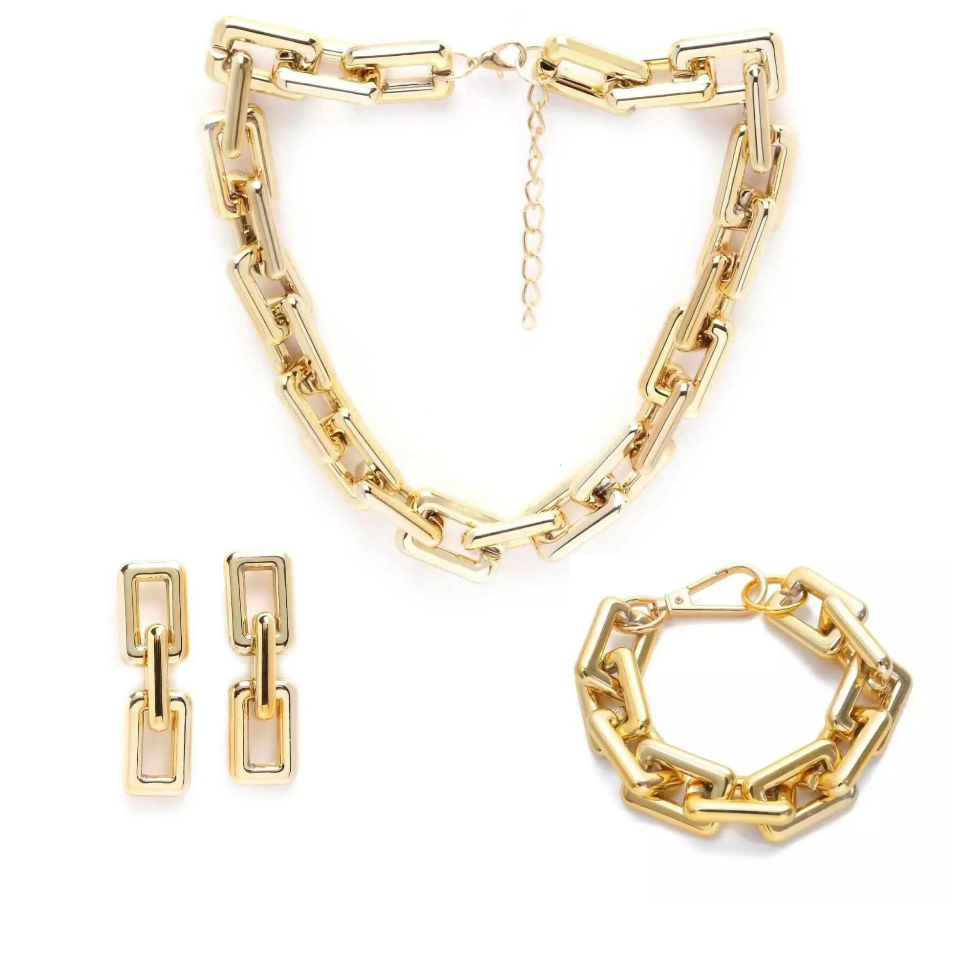 Bold & Beautiful Gold Jewelry Set – Chain Necklace, Bracelet & Earrings Combo (Set of 3) pinapes