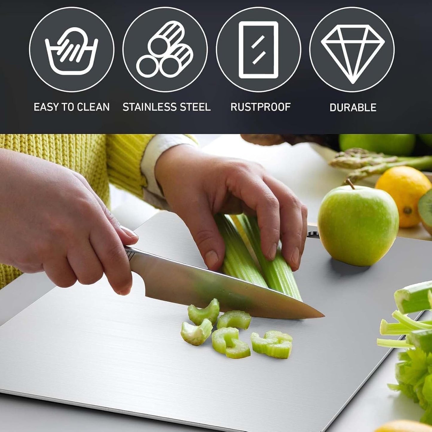 Supermom Medium Stello Stainless Steel Chopping Board – 1.5mm Thick Durable Cutting Board for Vegetables, Fruits, Meat &amp; Kitchen Use (228 x 330 mm)