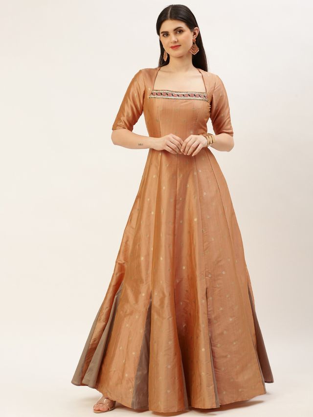 Bollywood Vogue Ready To Wear Peach Art Silk Jacquard Godet Gown