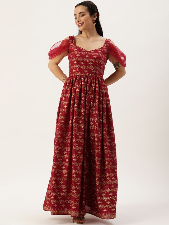 Bollywood Vogue Ready To Wear Maroon Art Silk Foil Printed Gown