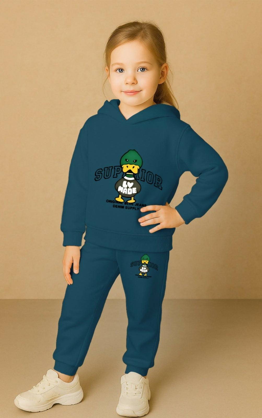 Girls' Teal Blue Cotton Blend hoodie-and-jogger set featuring a cute cartoon duck wearing a green cap Sweatshirt & Joggers (Ages 0 Months to 7 Years) Luck Fashion