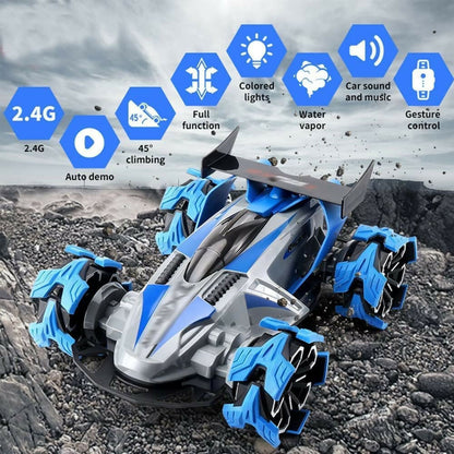 RX Racing 2.4G Stunt Drift RC Car with Spray, Music, Flashing Lights & Explosive Wheels (Blue)