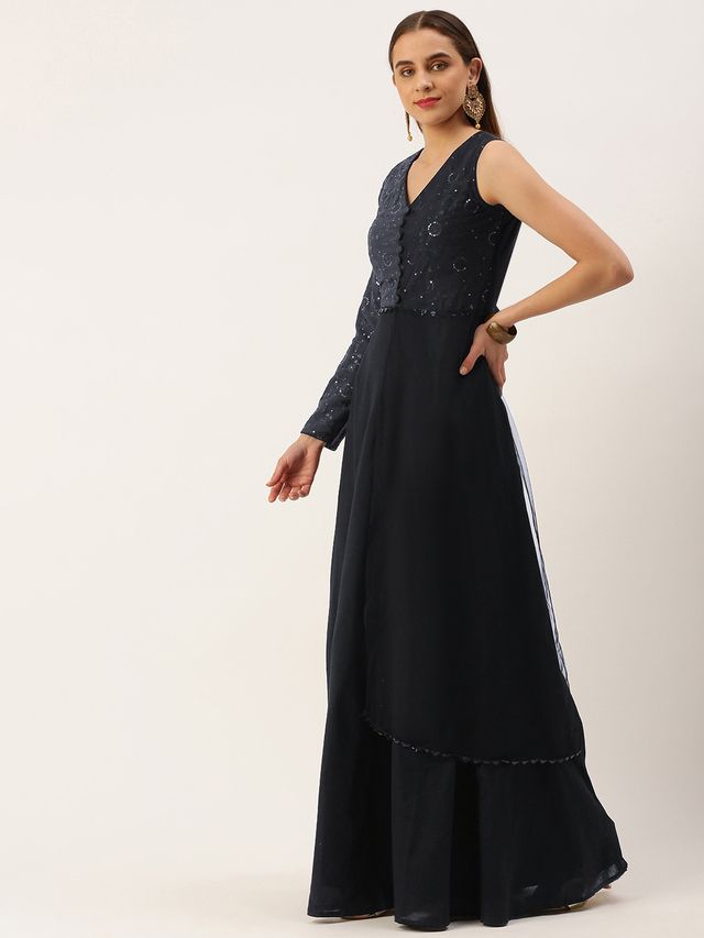 Bollywood Vogue Ready To Wear Grey Georgette Embroidered Gown