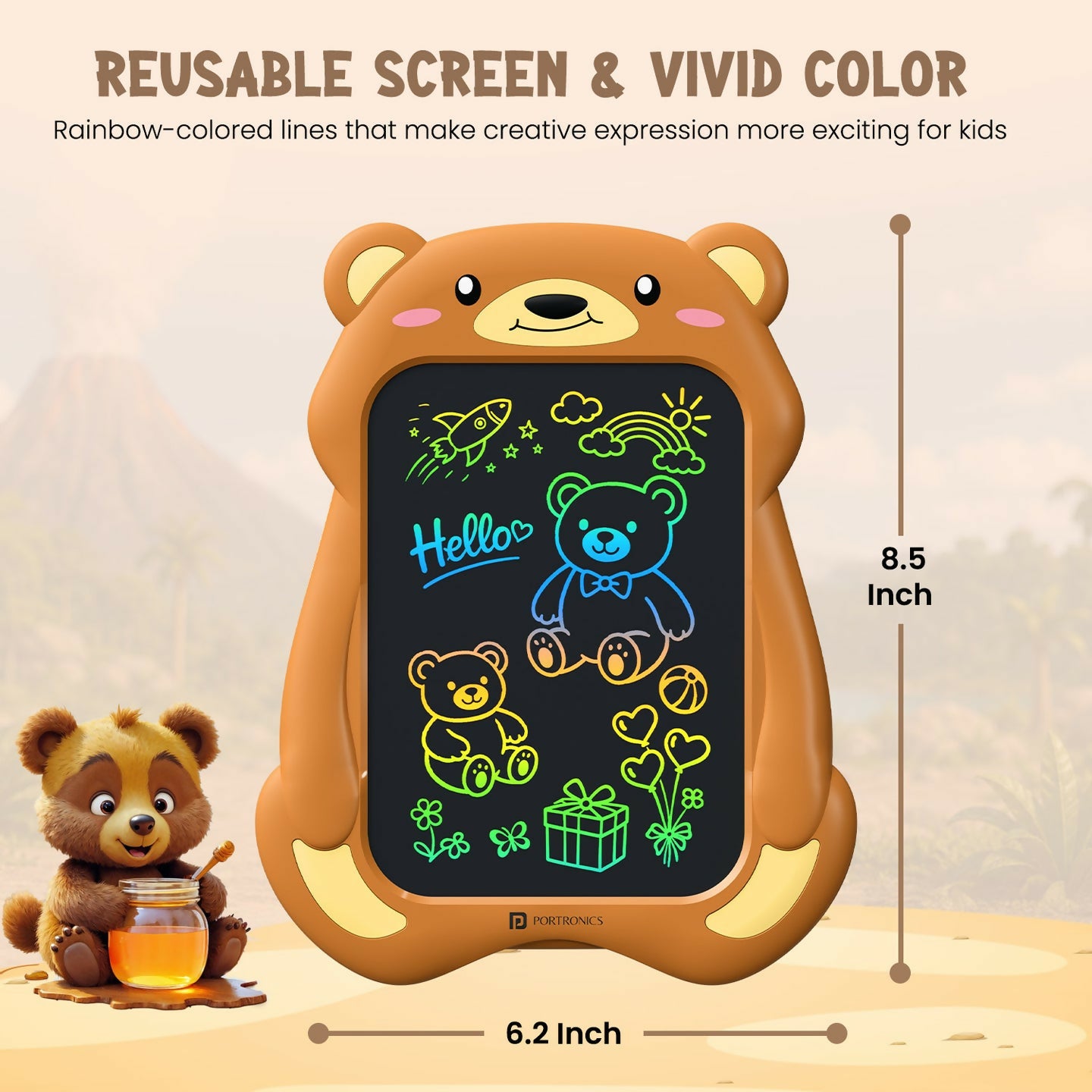 Portronics Ruffpad Teddy 8.5-Inch Multicolor LCD Writing & Drawing Tablet with One-Tap Erase, Teddy Bear Design, Eye-Safe Screen – Reusable & Eco-Friendly - Brown