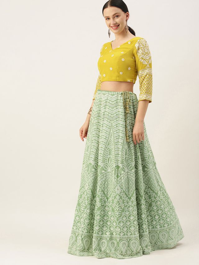 Bollywood Vogue Ready To Wear Green Viscose N Yellow Georgette Kali Lehenga
