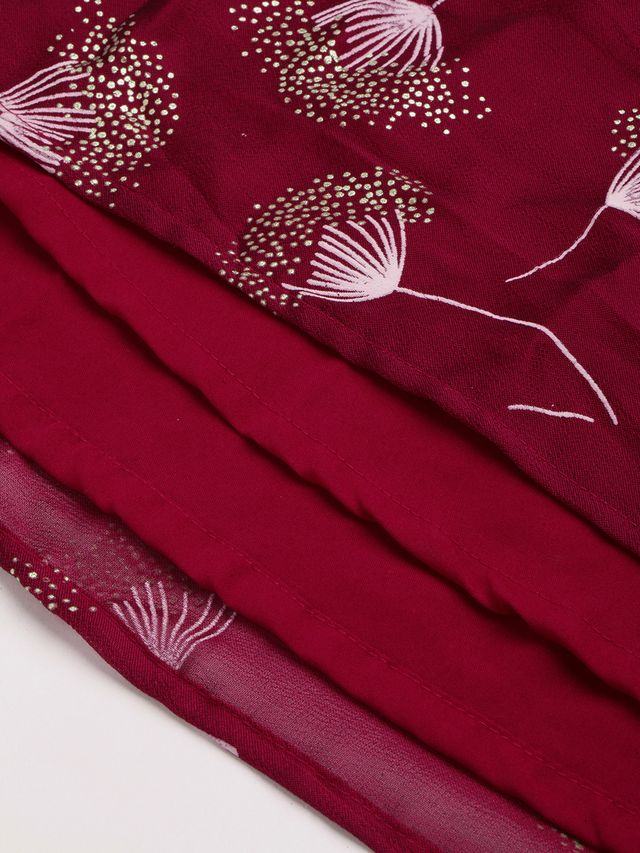 Bollywood Vogue Ready To Wear Maroon Satin Blend Foil Printed Slit Maxi Dress