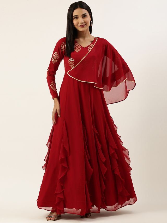 Bollywood Vogue Ready To Wear Maroon Embroidered Georgette Kali Flared Gown