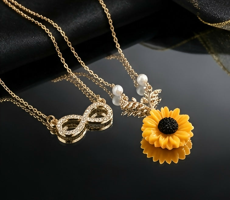 Infinity Sparkle & Sunflower Pearl Necklace Set