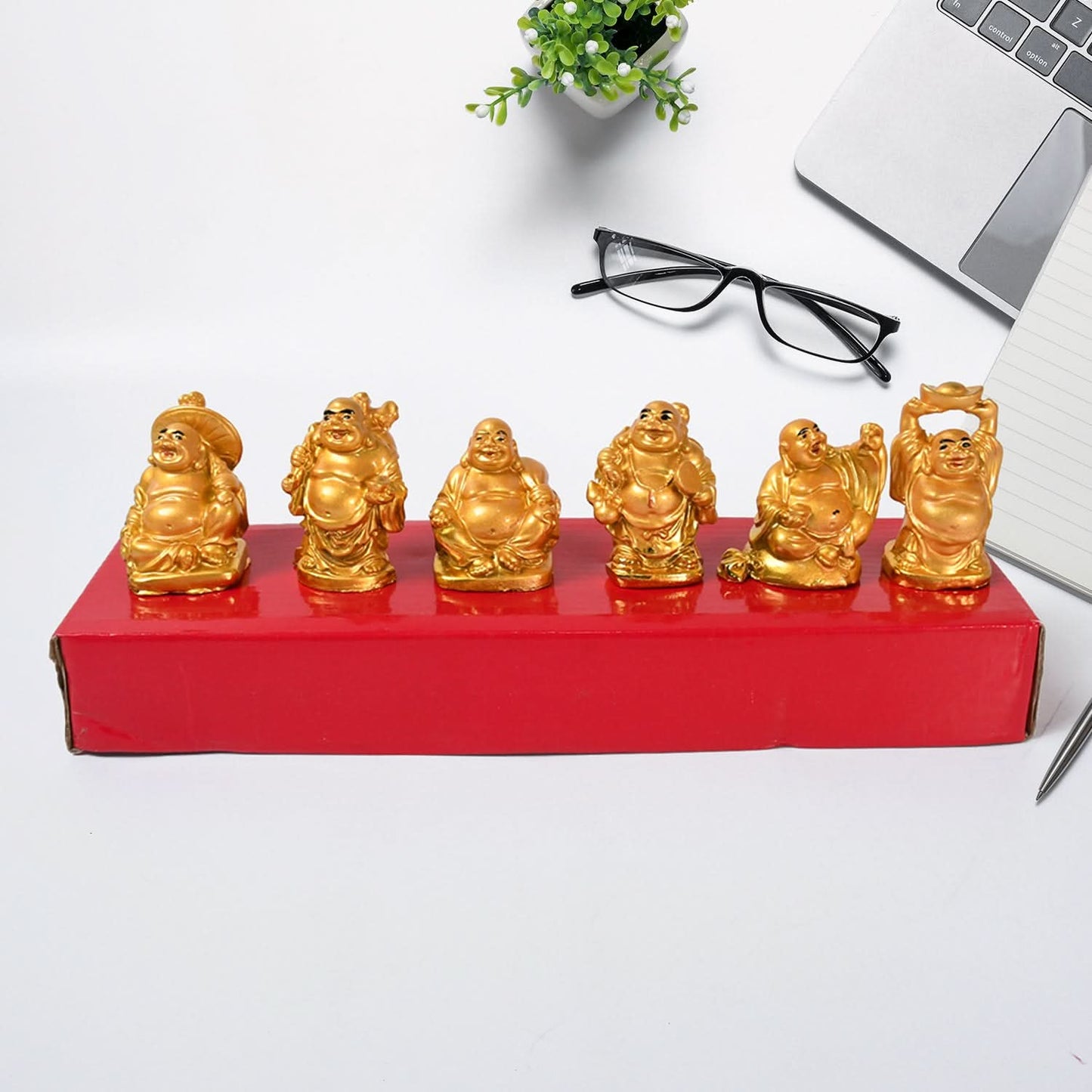 Golden Laughing Buddha Statue Set – 6 Pcs for Happiness, Wealth & Good Luck Decor