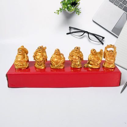 Golden Laughing Buddha Statue Set – 6 Pcs for Happiness, Wealth & Good Luck Decor