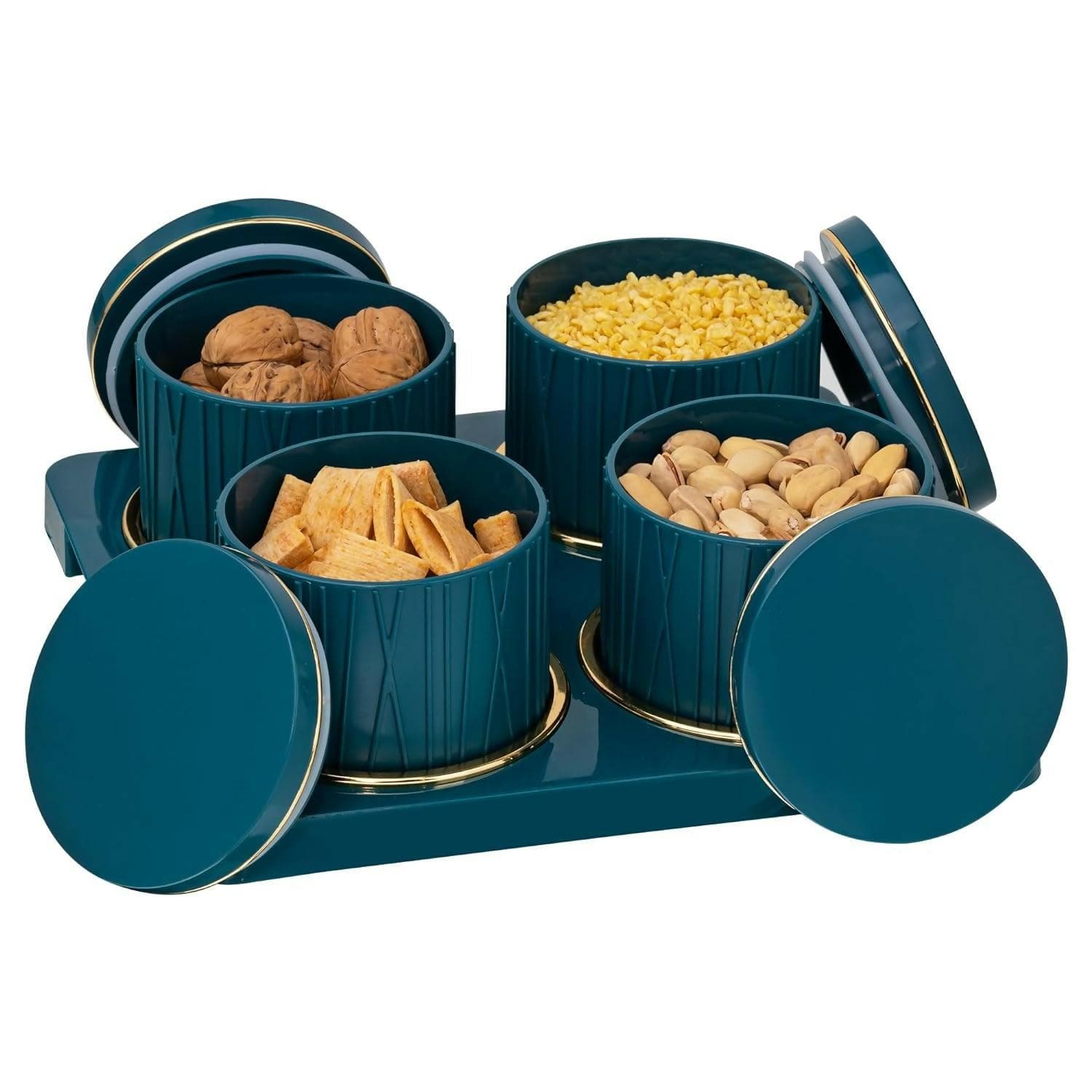 SELVEL Giving shape to life! Unbreakable & Air Tight Dry Fruit Container Tray Set with Lid & Serving Tray 430ml (4 Pieces, Polypropylene) (Emerald Green) - HalfPe