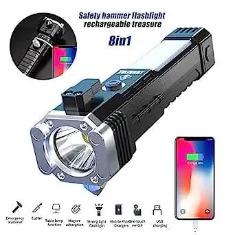 Portable 3w Rechargeable Torch Led Flashlight Long Distance Beam Range Hammer And Strong Magnets Window Glass And Seat Belt Cutter 4 Modes For Car Camping Hiking Indoor Outdoor HP DD