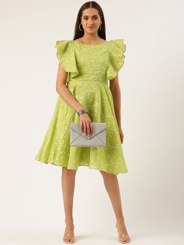 Bollywood Vogue Ready To Wear Green Blended Cotton Foil Printed Ruffled Dress