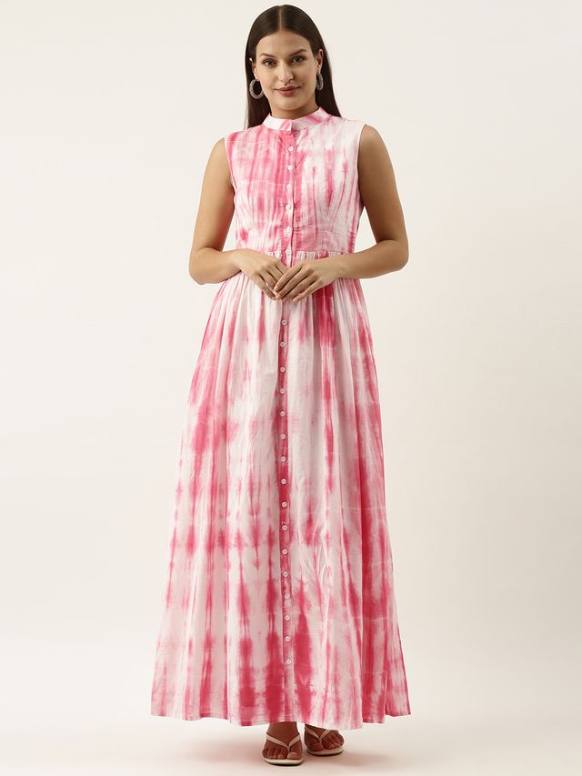 Bollywood Vogue Ready To Wear Pink Tie N Dye Gathered Flare Dress