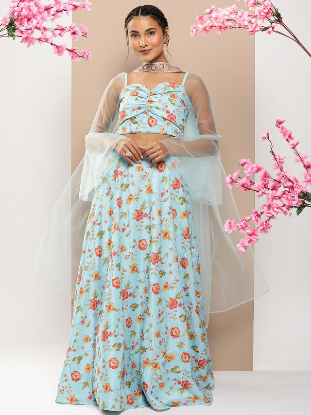 Bollywood Vogue Ready To Wear Blue Embroidered Art Silk Bell Sleeves Lehenga