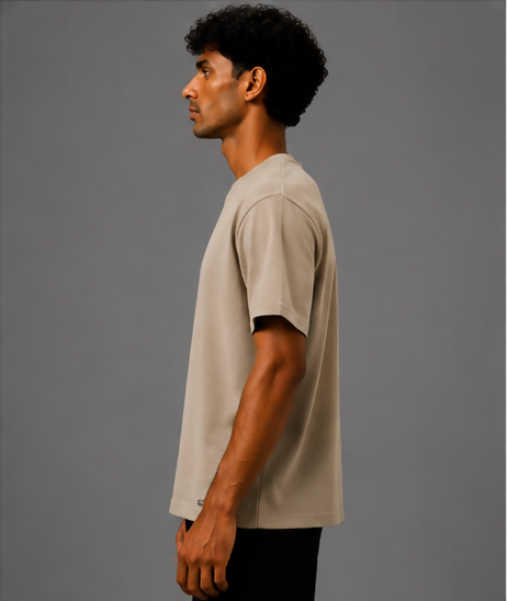 HUSTLE Men's Crew Neck Relaxed Fit T-Shirt – Dull Cream(relax fit)