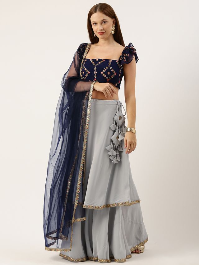 Bollywood Vogue Ready To Wear Silver N Royal Blue Georgette Embroidered Lehenga
