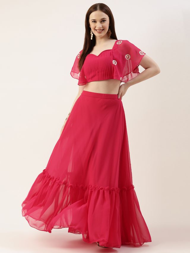 Bollywood Vogue Ready To Wear Hot Pink Georgette Embroidered Crop Top Skirt Set