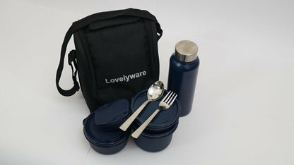 Office Lunch Box -5 Lunch Box (600ml, 400ml, 300ml, 150ml Container With Bottle 750ml With Spoon & Fork With Pickle Storage) - HalfPe