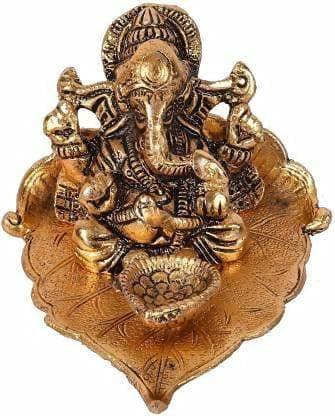 Leaf and Gold Plated Ganesha Idol with Diya - HalfPe