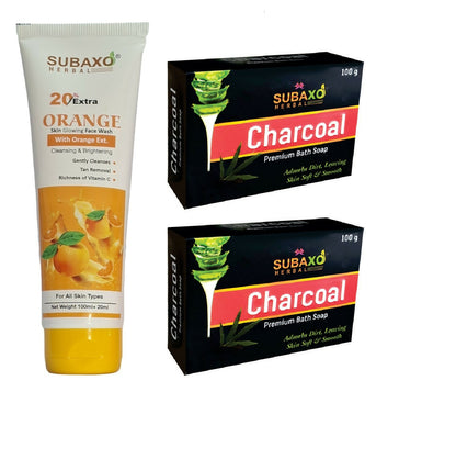 Subaxo Charcoal Bath Soap (75 g Each, Pack Of 2) & Orange Herbal Face Wash (120ml,Combo)