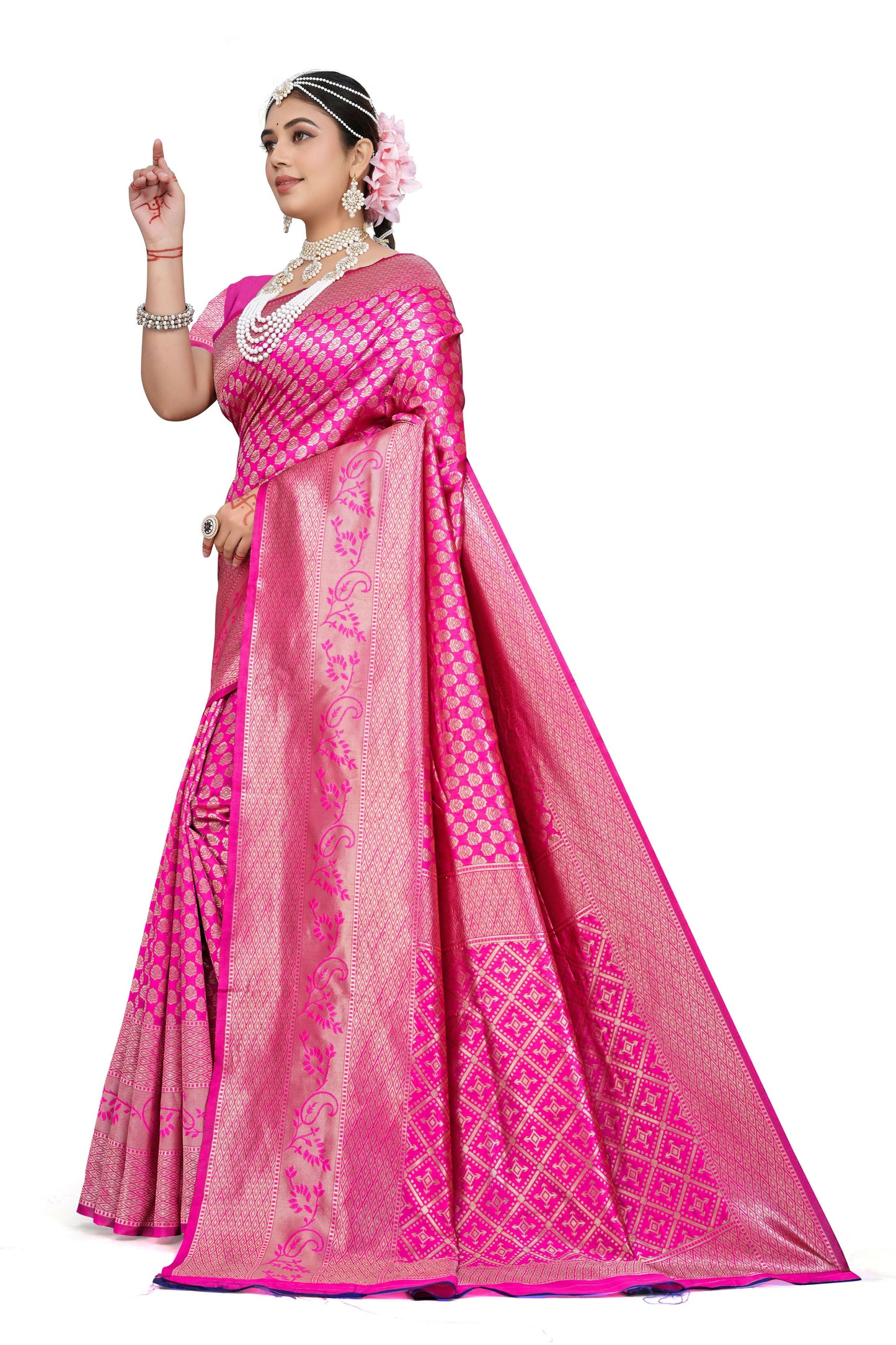 AXONIT Royal Banarasi Silk Saree with Intricate Golden Zari Weaving